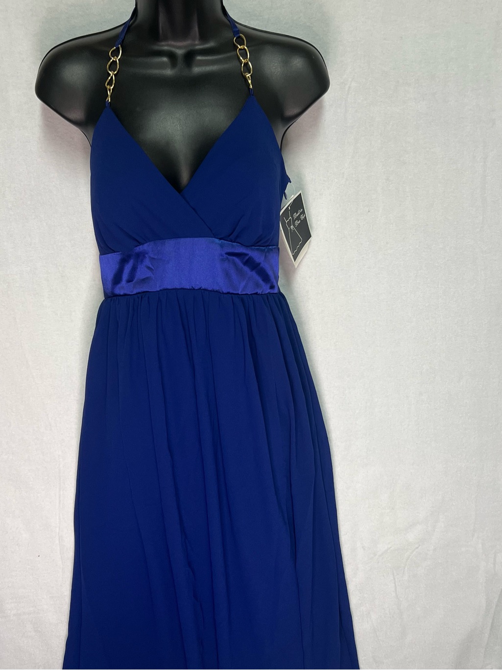 Nwt Carabella Royal Blue Halter Prom Dress Gold Chain Formal Gown Size 6 Elegant